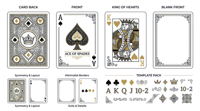 Playing Card Design Elements: Ace, King, Back, Blank, Suits, Borders