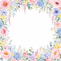 Obraz premium A delicate floral border made of pastel flowers, leaves, and hanging botanical elements surrounding an open white center, rendered in semi-realistic 3D with watercolor-inspired textures
