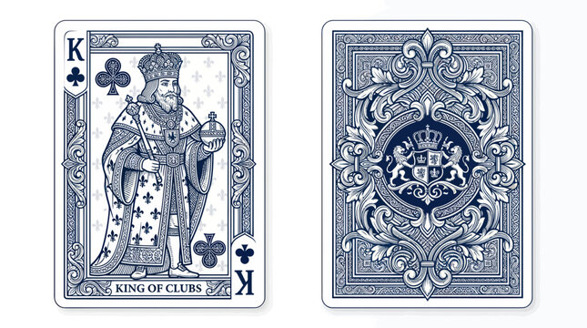 King of Clubs playing card, front and back design, vintage illustration style