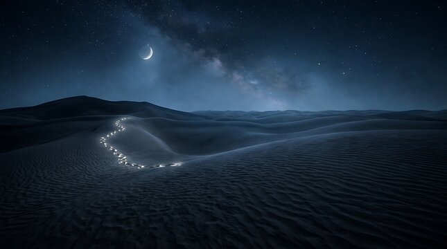 Glowing footsteps leading through sand dunes under a starry night sky