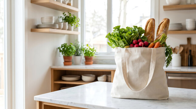 Canvas tote bag mockup blank white shopping pouch filled with fresh vegetables on marble kitchen counter for eco friendly grocery packaging design.