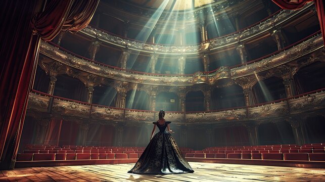 woman singing a powerful aria on a grand opera house stage