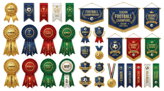 Set of soccer championship award ribbons and rosettes with gold medals