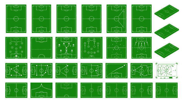 Set of soccer field templates with tactical planning diagrams for training