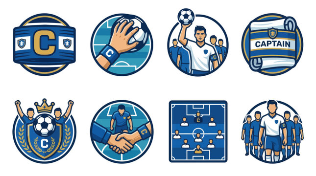 Soccer captain symbols with armbands, badges, and players in icons