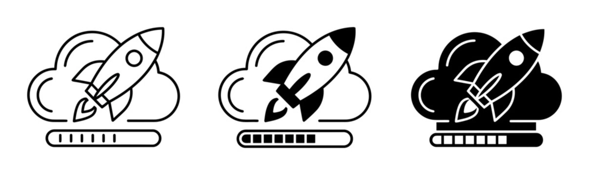 3 Rocket launch silhouette icons, solid black style, technology and computing