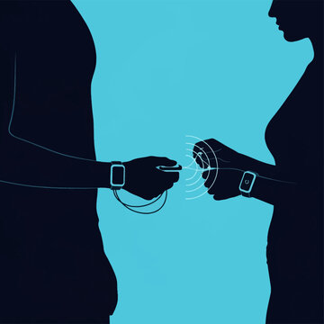 Silhouette of a man and woman using wearable smart devices with blue signal waves and a data connection line between wrist trackers on a light blue background illustration.