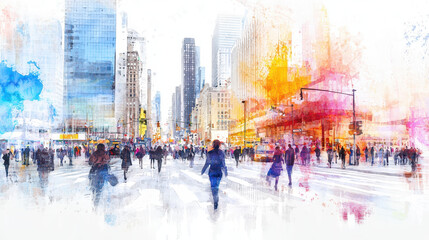 Obraz premium Vibrant watercolor painting of bustling city street filled with pedestrians, showcasing tall buildings and colorful splashes of paint