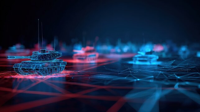 Digital war simulation showing a battlefield of wireframe tanks in red and blue hues, representing opposing forces in a strategic conflict. ..Created with Generative AI, not depicting real subjects.
