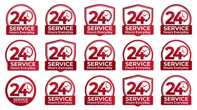Fifteen red and white &ldquo;24 SERVICE Hours Everyday&rdquo; icons in varied shapes, symbolizing nonstop availability and customer reliability branding.