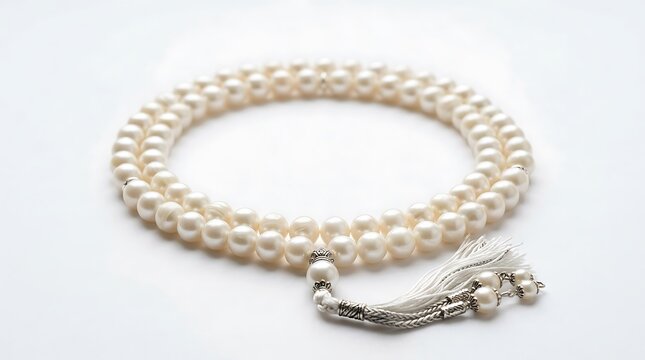 Pearl Tasbih Islamic Prayer Beads with Tassel on White Background