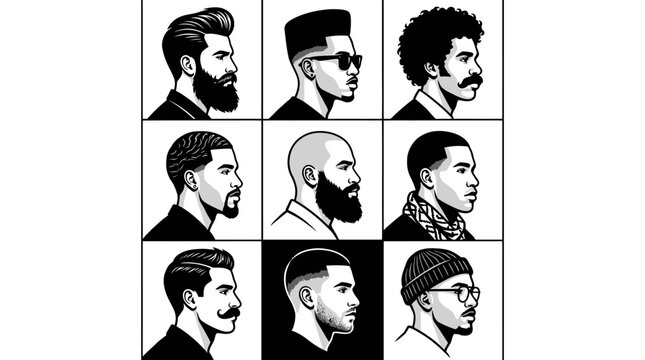 Twelve stylized male head profiles showcasing diverse haircuts, beard styles, and accessories in monochrome minimalist illustration format.