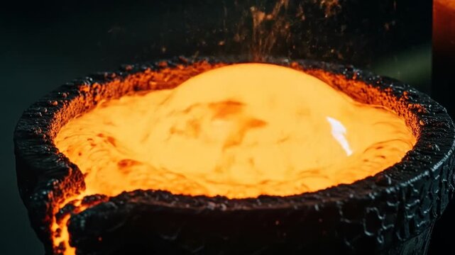 Molten Gold Bubble in Crucible with Intense Heat, and Industrial Forge Process.