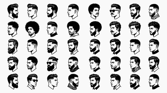 Twelve stylized male head profiles showcasing diverse haircuts, beard styles, and accessories in monochrome minimalist illustration format.