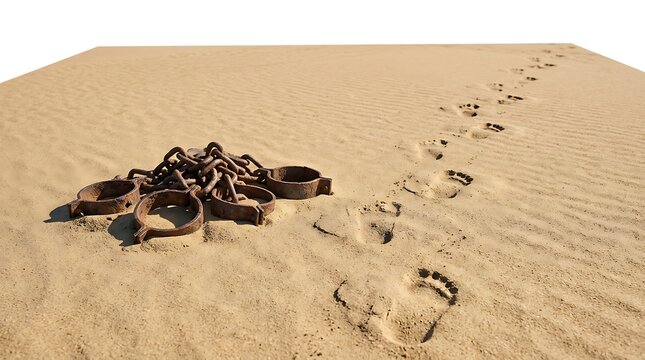 Footprints leading away from abandoned rusty shackles on desert sand