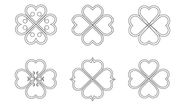 Four Leaf Clover Decorative Lucky Symbol Black and White Outline Vector Set