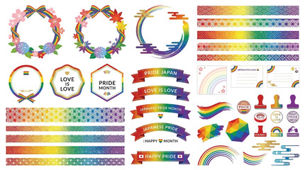 Obraz premium Rainbow Pride Graphics Collection: Wreaths, Ribbons, Borders, and Stamps for LGBTQ+ Celebration.