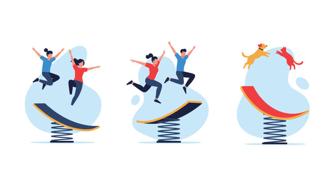 People and their pet dog and cat jumping together on springboards and trampolines for fun and fitness in an abstract setting.