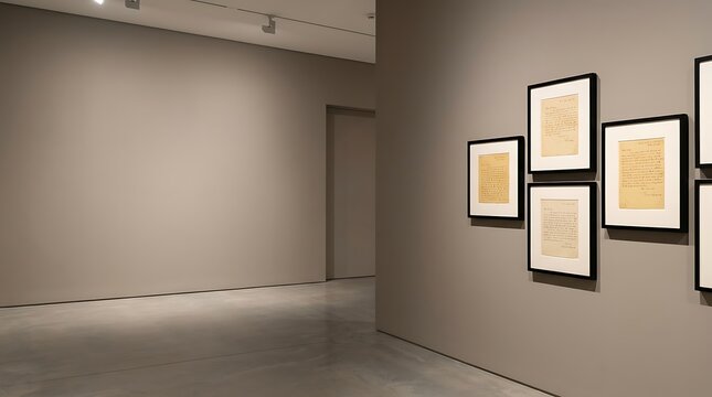 Framed documents displayed on a wall in a minimalist art gallery
