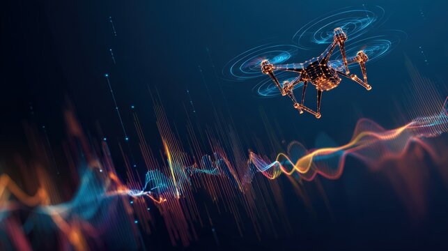 A high-tech drone with glowing rotors hovers mid-air against a deep blue background, with vibrant. ..Created with Generative AI, not depicting real subjects.