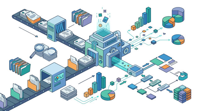 Isometric vector illustration of an automated data processing system with document conveyor belts, digital folders, bar charts, pie graphs, and information extraction machinery.