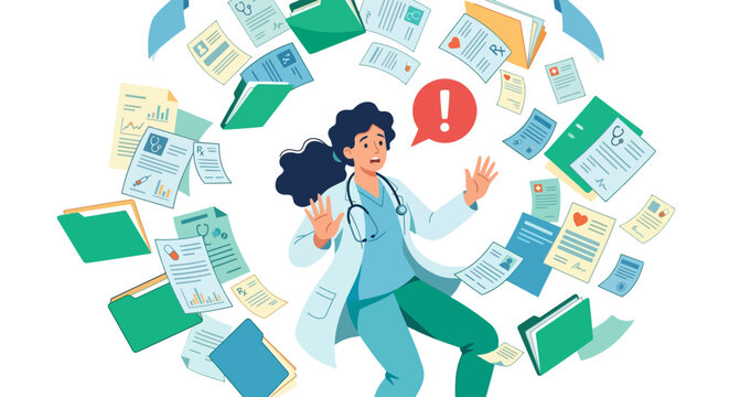 Stressed female doctor in white lab coat overwhelmed by flying medical records, prescriptions, and folders in a circular motion with a red exclamation point on white background.