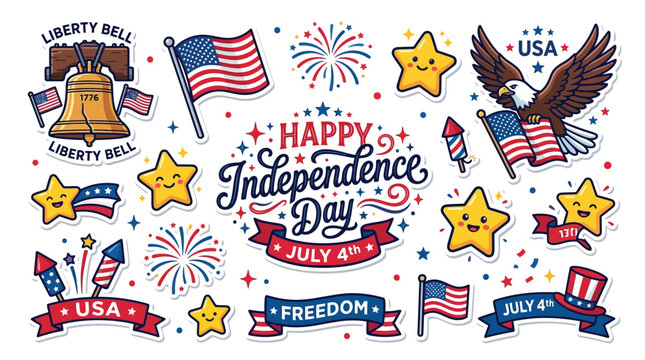 Happy Independence Day Celebration with American Symbols and Fireworks.