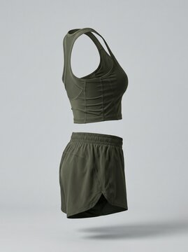 Modern women's dark green activewear set, including a stylish racerback crop top and comfortable training shorts, dynamically displayed as if floating in a minimalist studio for fitness