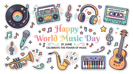 Happy World Music Day Celebration with Musical Instruments and Symbols. © tr