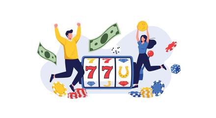Fototapeta premium Happy couple winning a jackpot at a slot machine with coins, banknotes, and casino chips flying in the air.