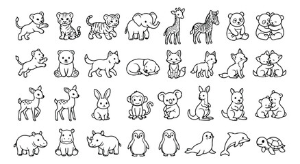 Cute baby animals line art collection, 32 hand drawn safari and forest animal icons, black and white vector illustrations for coloring © usman