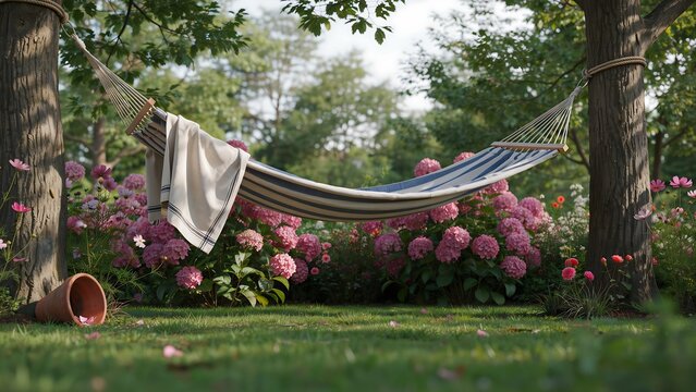 Hammock hangs between trees in serene garden with pink flowers