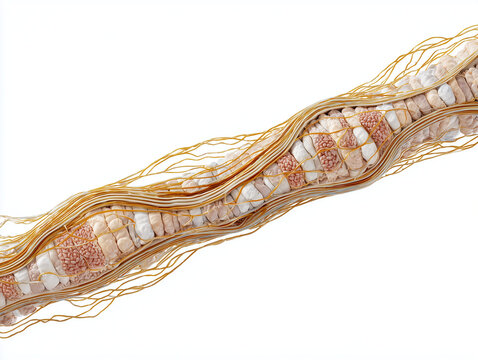 Human thyroid gland anatomy illustration showing rounded organ cross section with branching follicular tissue colloid follicles and capsule in warm amber gold tones on white background