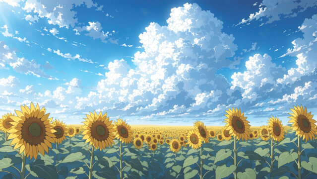 Anime landscape of a sunflower meadow under giant cumulus clouds