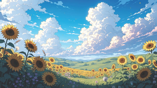 Anime landscape of a sunflower meadow under giant cumulus clouds