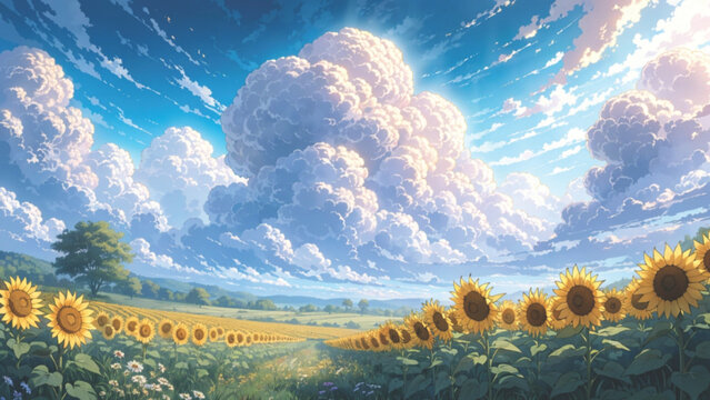 Anime landscape of a sunflower meadow under giant cumulus clouds