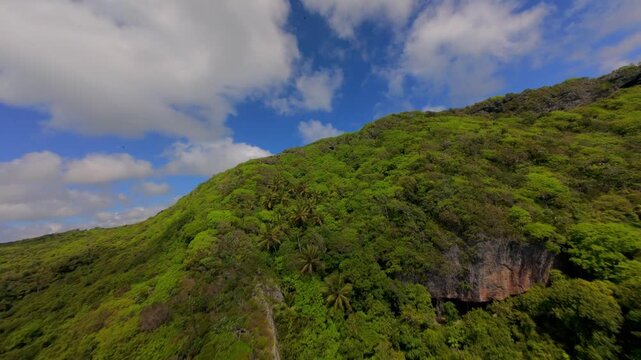 FPV drone flight over lush green vegetation and rocky cliffs at Playa Fronton in the Dominican Republic