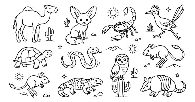 Desert animals line art collection, cute wild animal icons in outline style, set of 12 black and white vector illustrations for coloring books