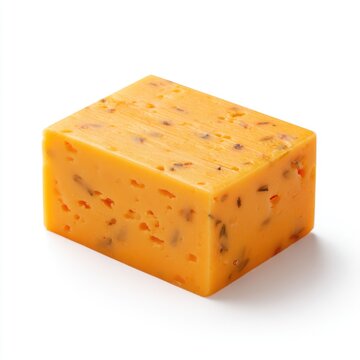 A block of orange cheese with visible herbs and spices embedded throughout, isolated on a white background.