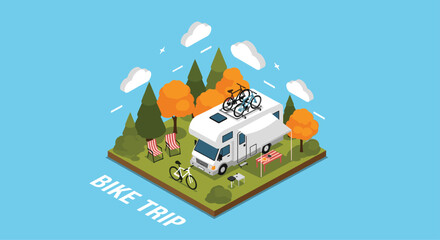 Fototapeta premium Scenic outdoor camping site featuring a white motorhome equipped with bicycles parked in a lush autumn forest landscape for a perfect weekend getaway.