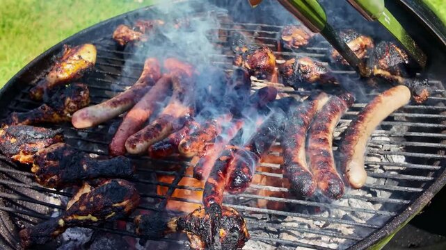 Sausages and grilled meats cooking over smoky barbecue during outdoor springtime gathering in outdoor garden space.