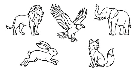 Obraz premium Minimalist wild animal line art collection, set of 5 black and white vector icons, lion eagle elephant rabbit and fox illustrations for coloring