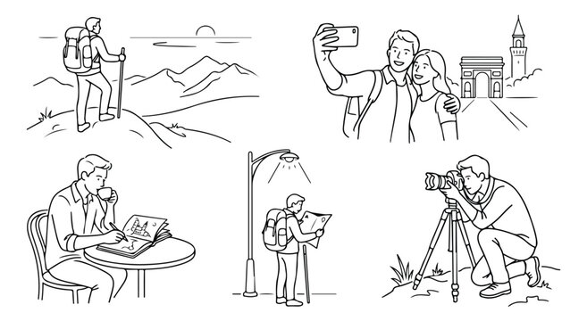 Minimalist travel line art icons, hand drawn tourist activities set, black and white outline vector of people hiking and sightseeing