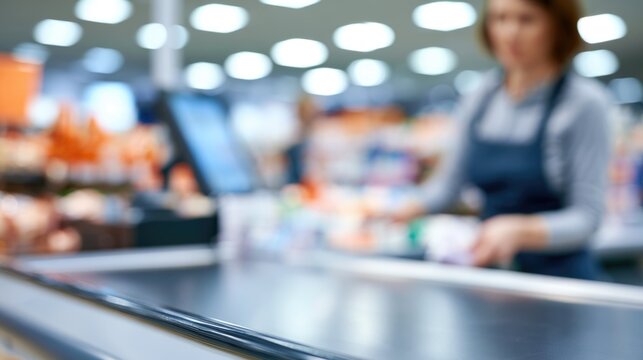A blurred image of a cashier working at a supermarket checkout counter with a conveyor belt in focus.