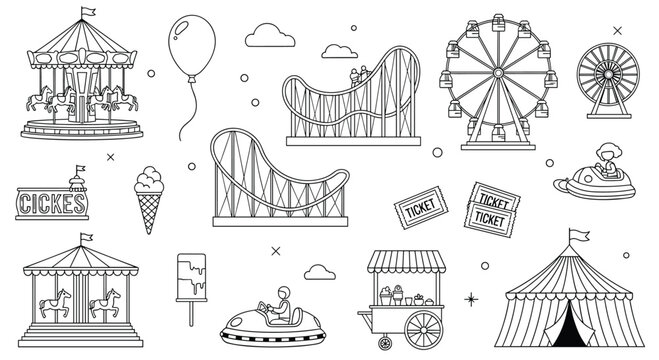 Detailed black and white line art collection of amusement park attractions including a ferris wheel, roller coaster, carousel, and various game booths.