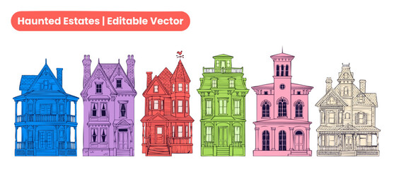 Fototapeta premium Haunted mansion vector illustration set featuring colorful Victorian house facades and spooky gothic home architectures for Halloween holiday design decor as a creepy estate collection on plain white