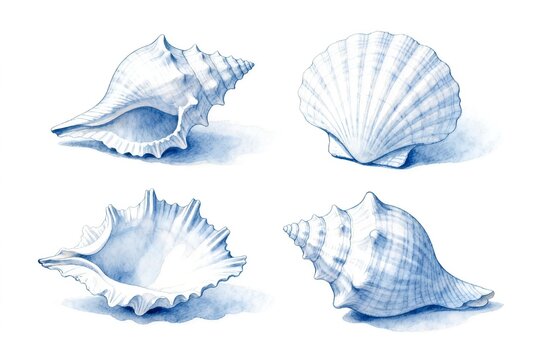 Blue and White Seashell Illustrations on White Background