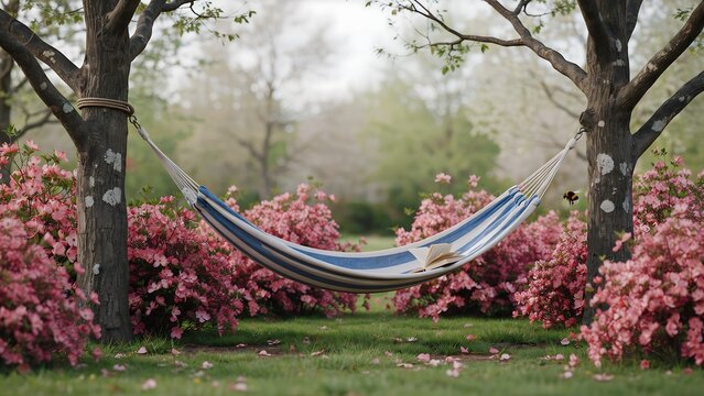 Hammock hangs between trees with pink flowers