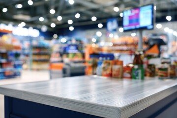 Fototapeta premium A clean, empty wooden countertop in a brightly lit, modern supermarket aisle with blurred shelves and products in the background.