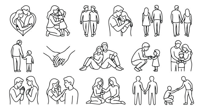 Minimalist line art family icons, 15 black and white outline people illustrations, romantic couple and parental love vector set for wedding and social media